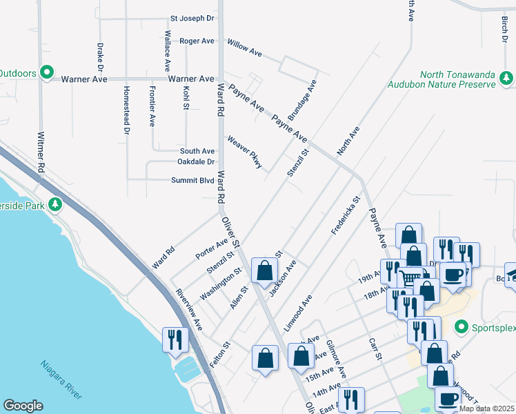 map of restaurants, bars, coffee shops, grocery stores, and more near 192 Stenzil Street in North Tonawanda