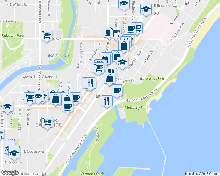 map of restaurants, bars, coffee shops, grocery stores, and more near 1919 North Summit Avenue in Milwaukee