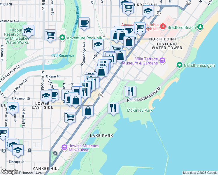 map of restaurants, bars, coffee shops, grocery stores, and more near 1919 North Summit Avenue in Milwaukee