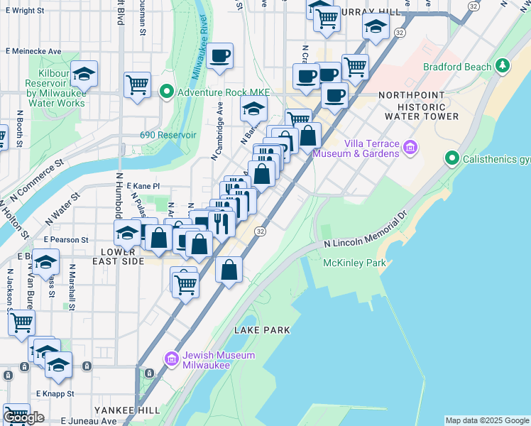 map of restaurants, bars, coffee shops, grocery stores, and more near in Milwaukee