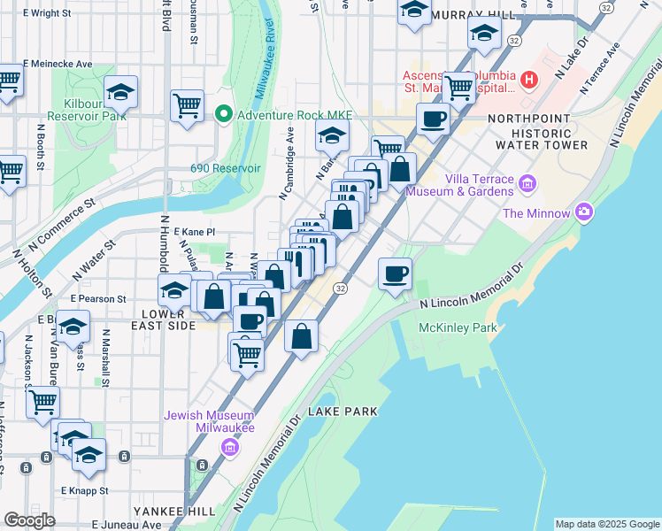 map of restaurants, bars, coffee shops, grocery stores, and more near in Milwaukee