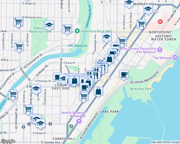map of restaurants, bars, coffee shops, grocery stores, and more near 1809 North Oakland Avenue in Milwaukee