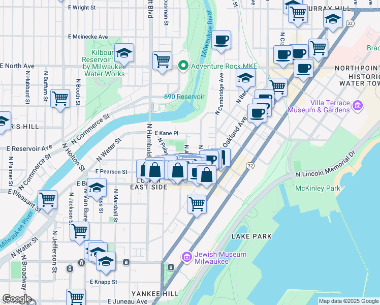 map of restaurants, bars, coffee shops, grocery stores, and more near 1805 North Warren Avenue in Milwaukee