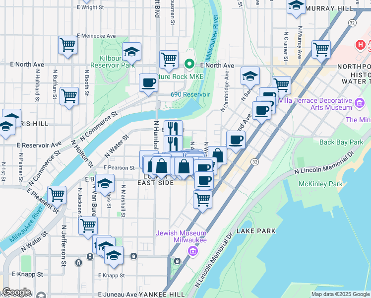 map of restaurants, bars, coffee shops, grocery stores, and more near 1803-1805 North Arlington Place in Milwaukee