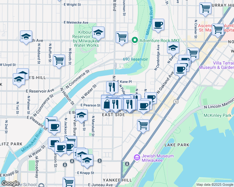 map of restaurants, bars, coffee shops, grocery stores, and more near 1134 East Hamilton Street in Milwaukee