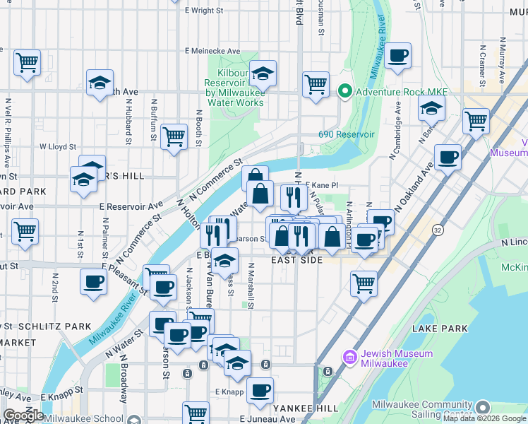 map of restaurants, bars, coffee shops, grocery stores, and more near 928 East Hamilton Street in Milwaukee