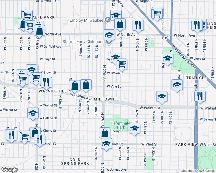 map of restaurants, bars, coffee shops, grocery stores, and more near 1853 North 26th Street in Milwaukee