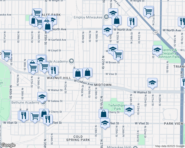 map of restaurants, bars, coffee shops, grocery stores, and more near 1830 North 29th Street in Milwaukee
