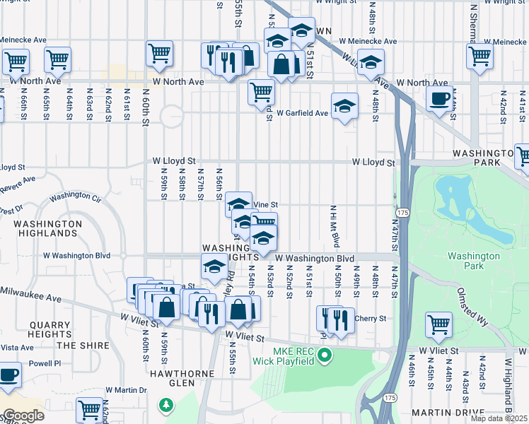 map of restaurants, bars, coffee shops, grocery stores, and more near 1819 North 54th Street in Milwaukee