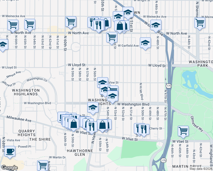 map of restaurants, bars, coffee shops, grocery stores, and more near 1819 North 54th Street in Milwaukee