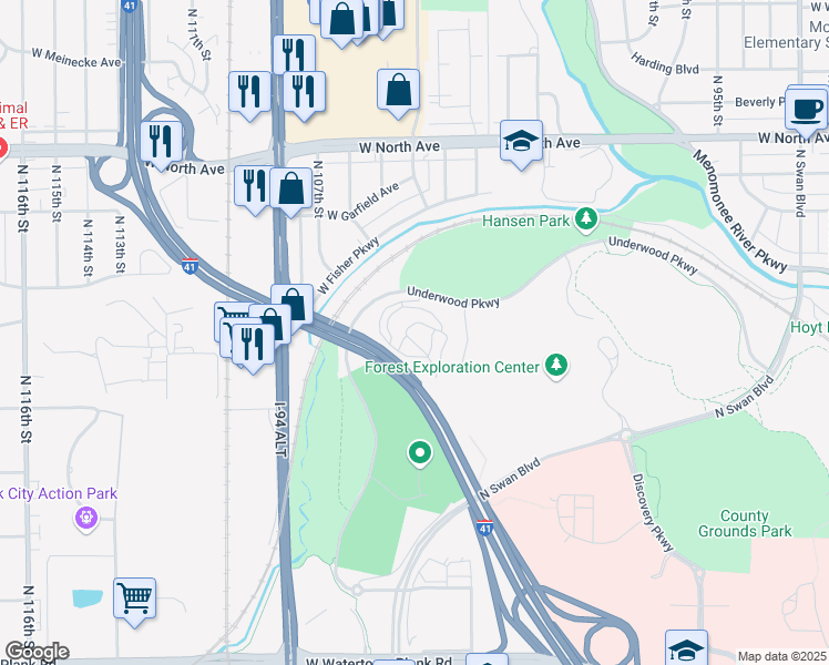 map of restaurants, bars, coffee shops, grocery stores, and more near 1278 Zoo Freeway in Wauwatosa