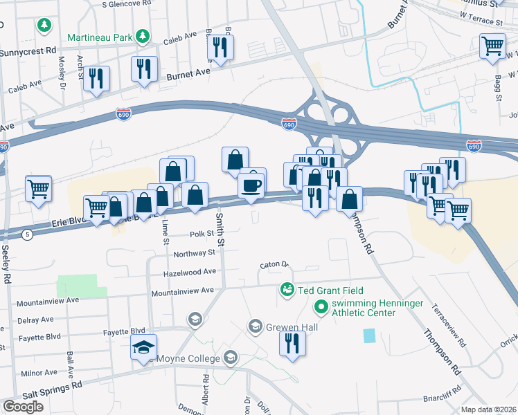map of restaurants, bars, coffee shops, grocery stores, and more near 2950 Erie Boulevard East in Syracuse