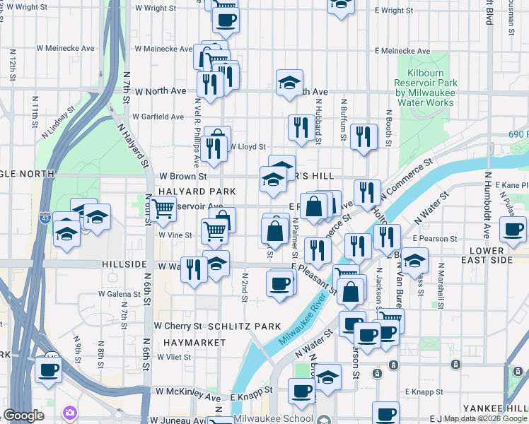 map of restaurants, bars, coffee shops, grocery stores, and more near 1830 North 2nd Street in Milwaukee