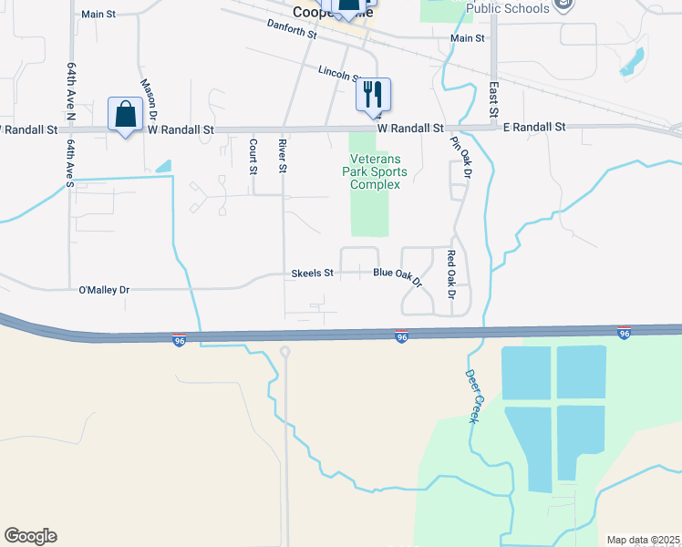 map of restaurants, bars, coffee shops, grocery stores, and more near 225 West Scarlet Oak Drive in Coopersville