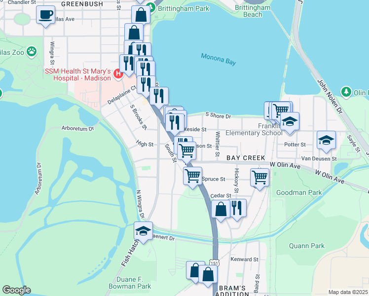 map of restaurants, bars, coffee shops, grocery stores, and more near 824 Midland Street in Madison