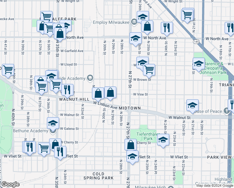 map of restaurants, bars, coffee shops, grocery stores, and more near West Vine Street in Milwaukee
