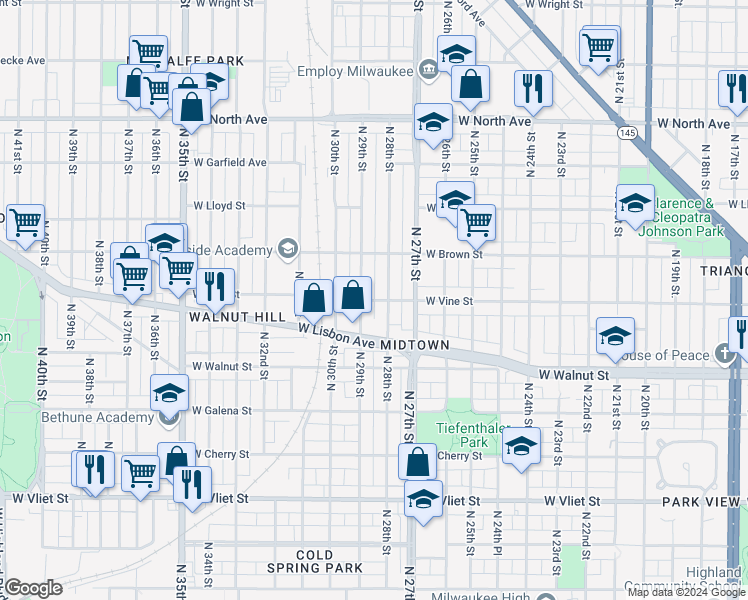 map of restaurants, bars, coffee shops, grocery stores, and more near 1830 North 29th Street in Milwaukee