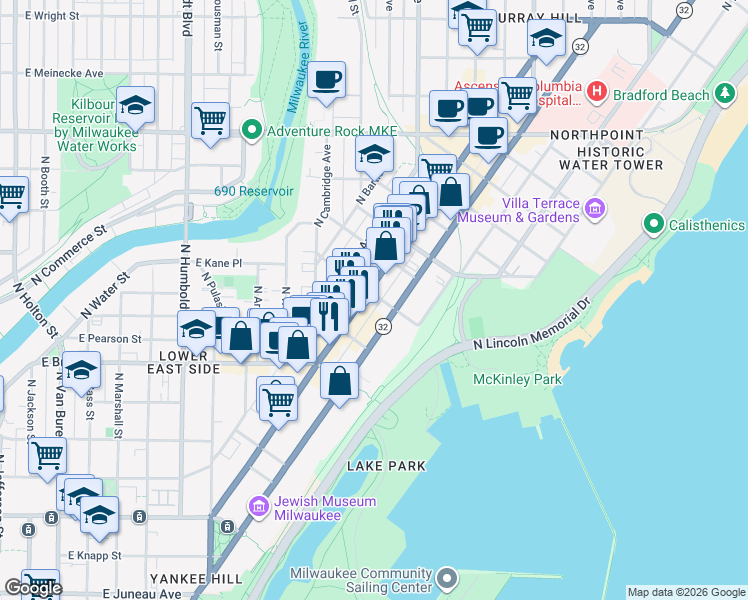 map of restaurants, bars, coffee shops, grocery stores, and more near 1717 East Kane Place in Milwaukee