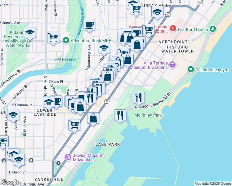 map of restaurants, bars, coffee shops, grocery stores, and more near 1924 North Prospect Avenue in Milwaukee