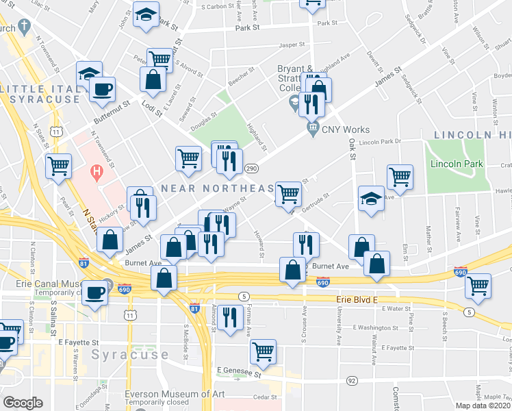 map of restaurants, bars, coffee shops, grocery stores, and more near 211 Green Street in Syracuse