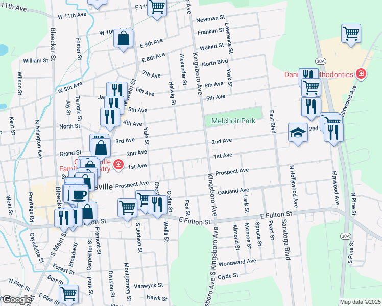 map of restaurants, bars, coffee shops, grocery stores, and more near 120 1st Avenue in Gloversville