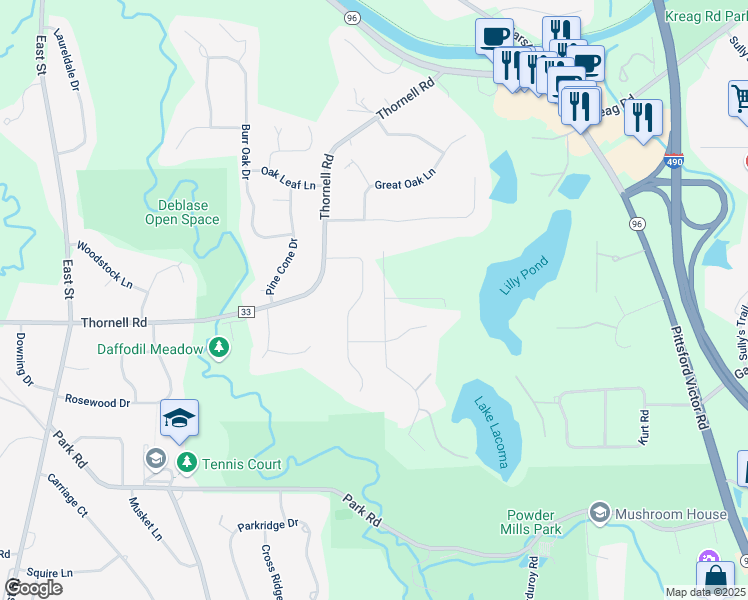 map of restaurants, bars, coffee shops, grocery stores, and more near 22 Mill Valley Road in Pittsford