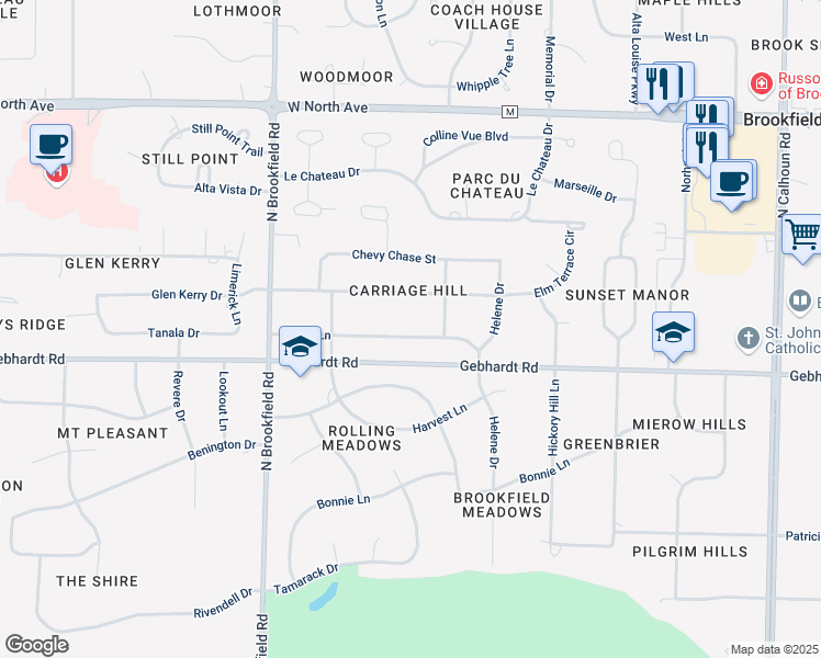 map of restaurants, bars, coffee shops, grocery stores, and more near 18350 Surrey Lane in Brookfield