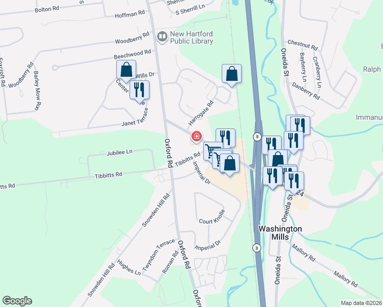 map of restaurants, bars, coffee shops, grocery stores, and more near 67 Imperial Drive in New Hartford