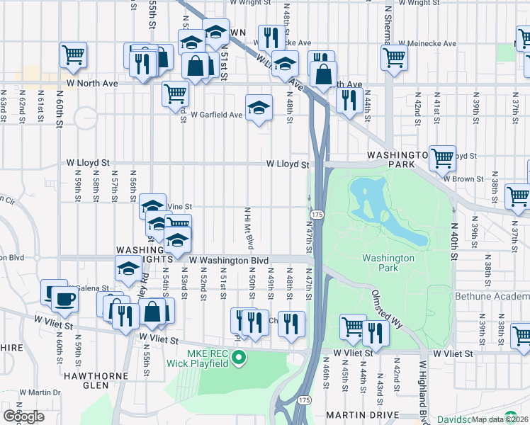 map of restaurants, bars, coffee shops, grocery stores, and more near 1815 North 49th Street in Milwaukee
