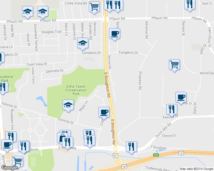 map of restaurants, bars, coffee shops, grocery stores, and more near 2568 South Stoughton Road in Madison