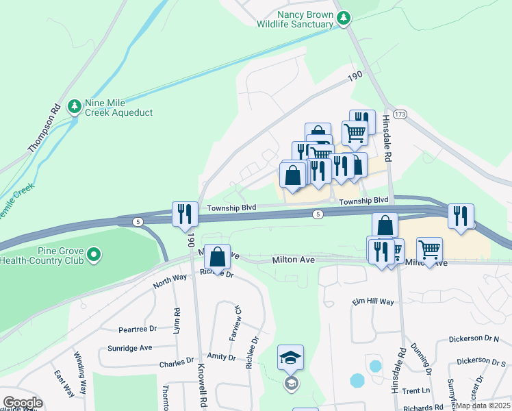 map of restaurants, bars, coffee shops, grocery stores, and more near 250 Township Boulevard in Camillus
