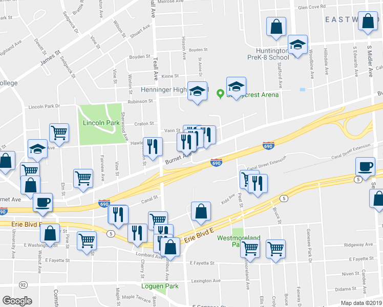 map of restaurants, bars, coffee shops, grocery stores, and more near Burnet Ave & Greenway Ave in Syracuse