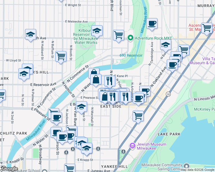 map of restaurants, bars, coffee shops, grocery stores, and more near 1801 North Humboldt Avenue in Milwaukee