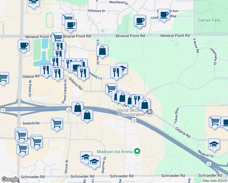 map of restaurants, bars, coffee shops, grocery stores, and more near 6337 Odana Rd in Madison
