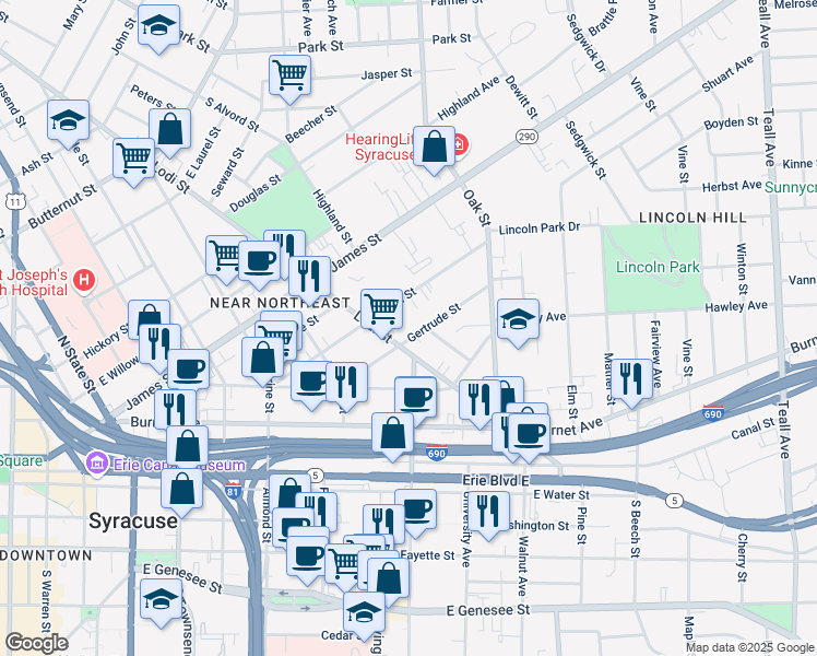 map of restaurants, bars, coffee shops, grocery stores, and more near in Syracuse