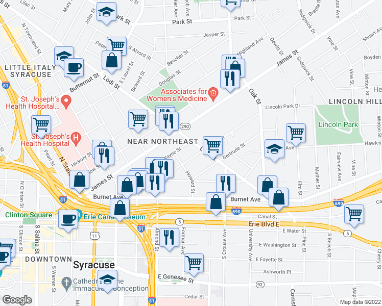 map of restaurants, bars, coffee shops, grocery stores, and more near 201 Green Street in Syracuse