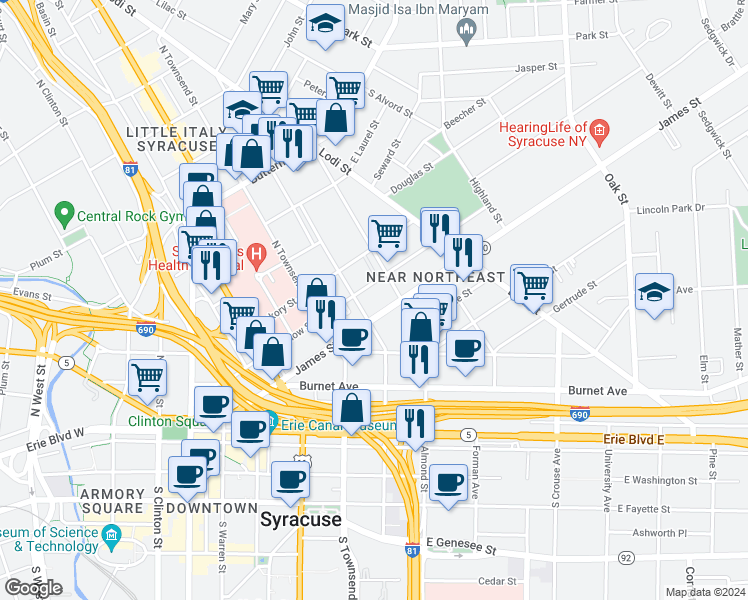 map of restaurants, bars, coffee shops, grocery stores, and more near in Syracuse