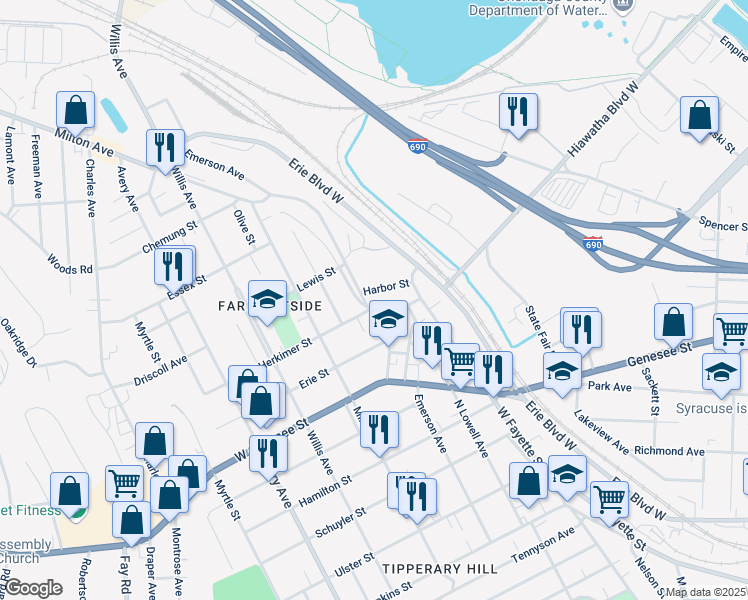 map of restaurants, bars, coffee shops, grocery stores, and more near 124 Williams Street in Syracuse