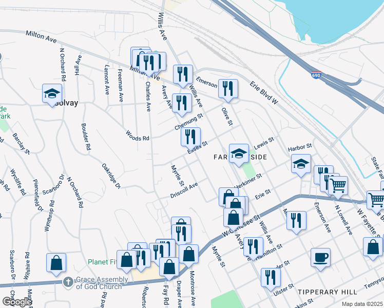 map of restaurants, bars, coffee shops, grocery stores, and more near 302 Hayden Avenue in Syracuse
