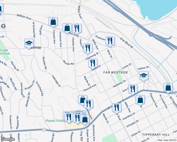 map of restaurants, bars, coffee shops, grocery stores, and more near 315 Essex Street in Syracuse