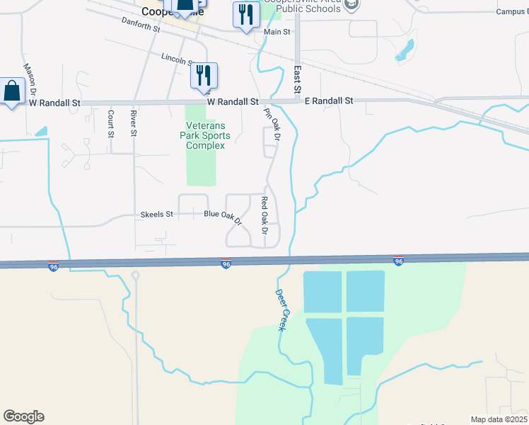 map of restaurants, bars, coffee shops, grocery stores, and more near 261 Red Oak Drive in Coopersville