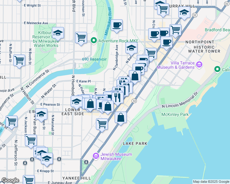 map of restaurants, bars, coffee shops, grocery stores, and more near 1809 North Oakland Avenue in Milwaukee