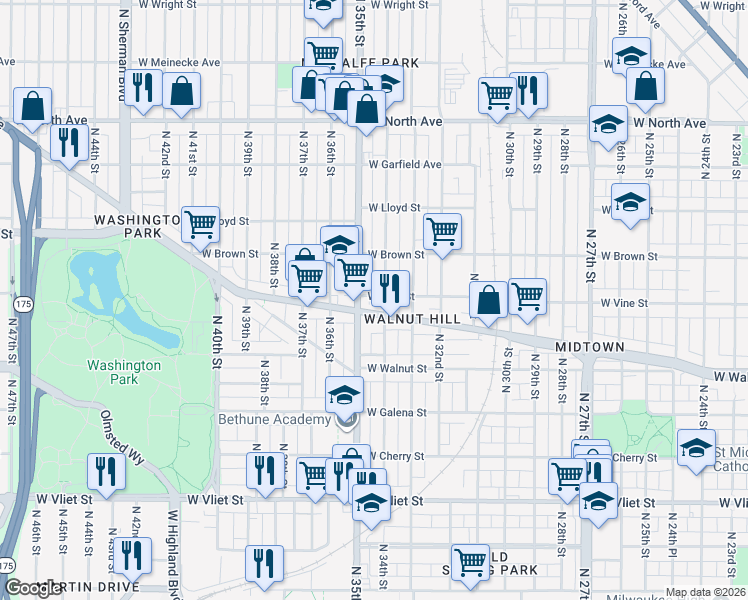 map of restaurants, bars, coffee shops, grocery stores, and more near 3396 West Lisbon Avenue in Milwaukee