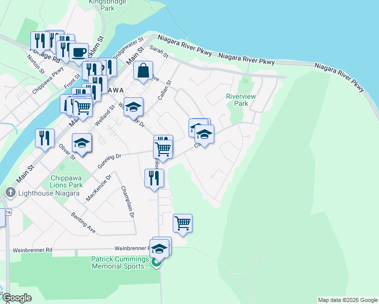 map of restaurants, bars, coffee shops, grocery stores, and more near 3358 Cattell Drive in Niagara Falls