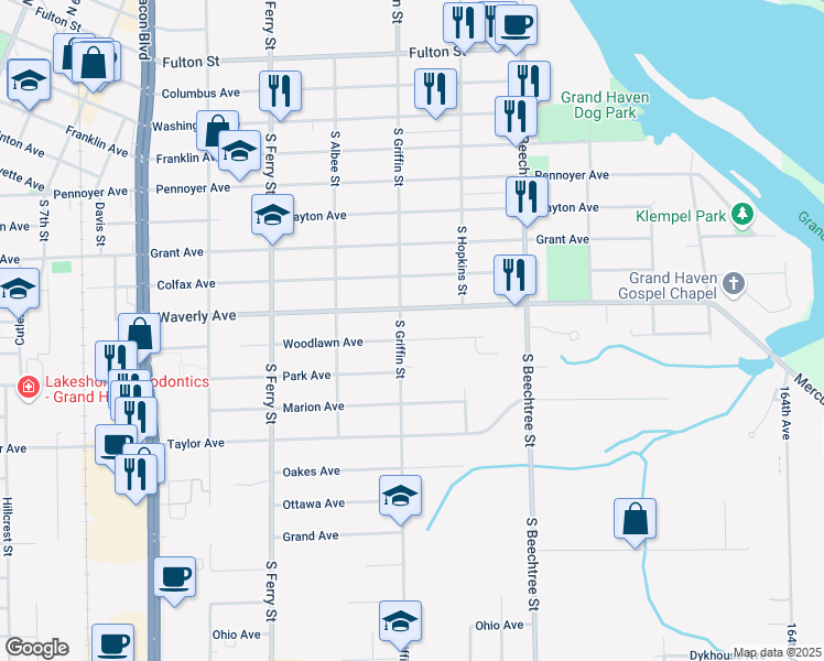 map of restaurants, bars, coffee shops, grocery stores, and more near 1326 Woodlawn Avenue in Grand Haven
