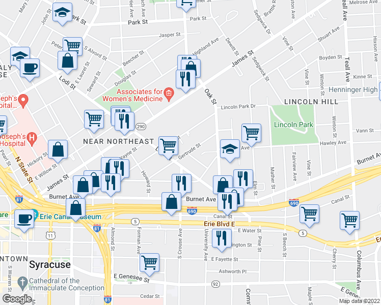 map of restaurants, bars, coffee shops, grocery stores, and more near 302 Gertrude Street in Syracuse