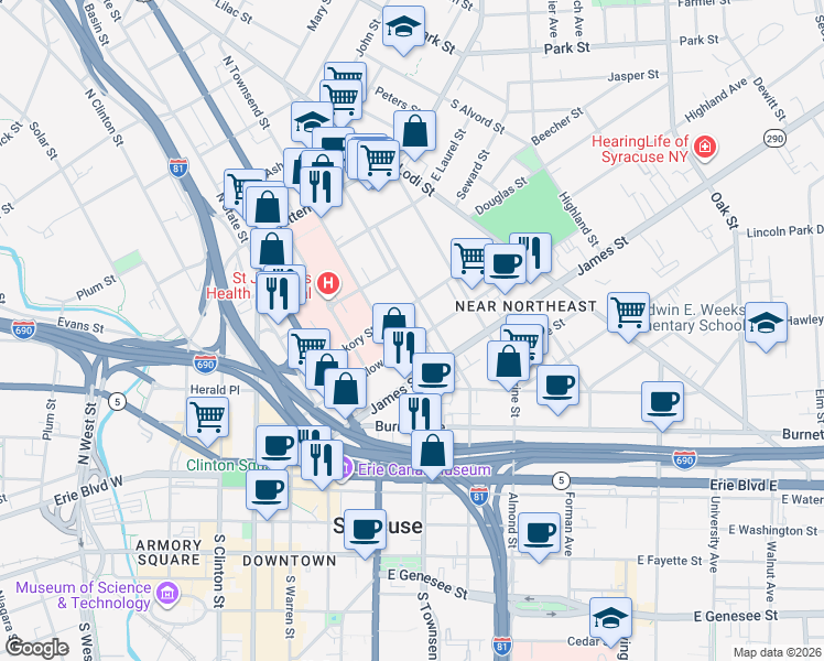 map of restaurants, bars, coffee shops, grocery stores, and more near 610 East Willow Street in Syracuse