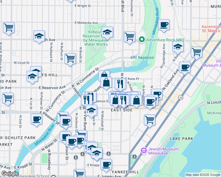map of restaurants, bars, coffee shops, grocery stores, and more near 922 East Hamilton Street in Milwaukee