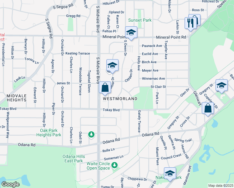 map of restaurants, bars, coffee shops, grocery stores, and more near 544 South Owen Drive in Madison