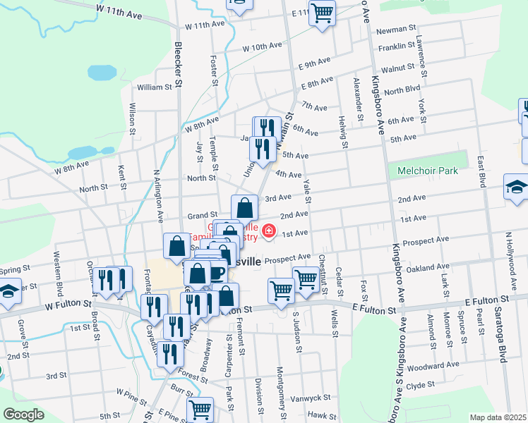 map of restaurants, bars, coffee shops, grocery stores, and more near 12 2nd Avenue in Gloversville